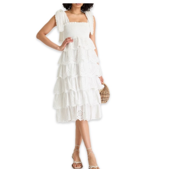 Farm Rio Tiered Broderie Anglaise Cotton Midi Dress White Eyelet XL feminine new - Picture 4 of 15